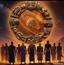 Silhouettes of people standing before a cosmic Yoruba spiritual symbol representing ancestral wisdom and Ifà guidance 